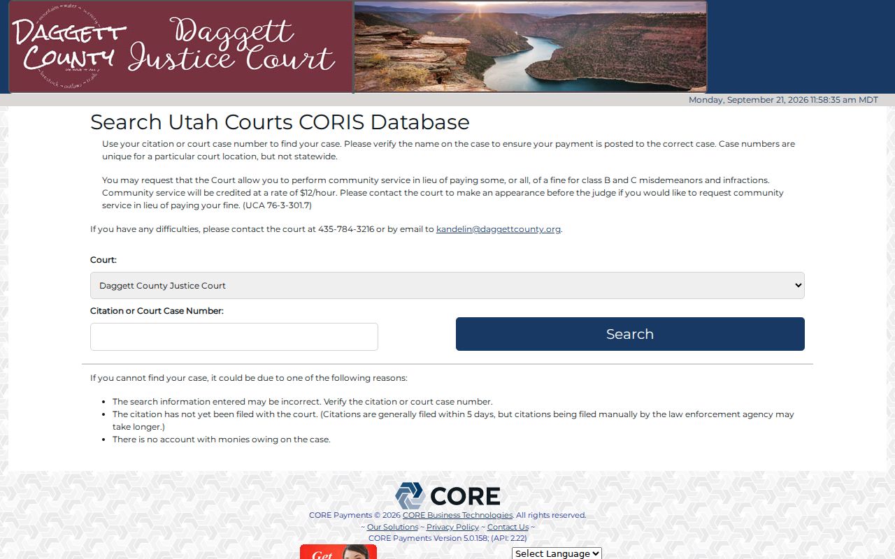 Daggett County warrant and citation number payment search