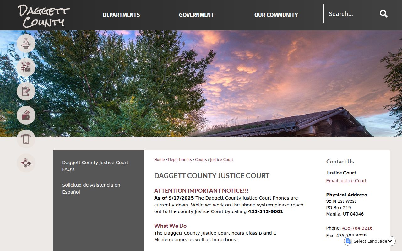 Daggett County warrant and Justice Court contact information
