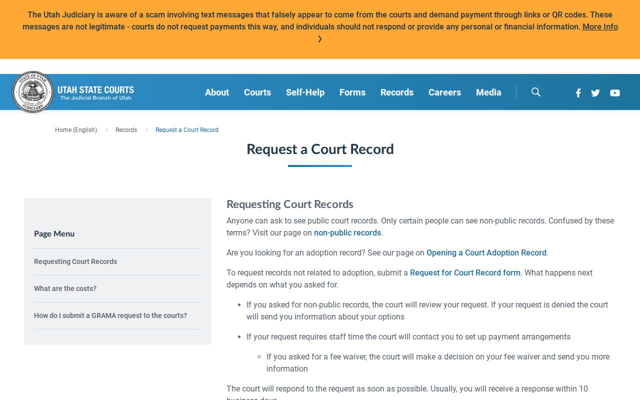 Daggett County bench warrant court-record request and fee instructions