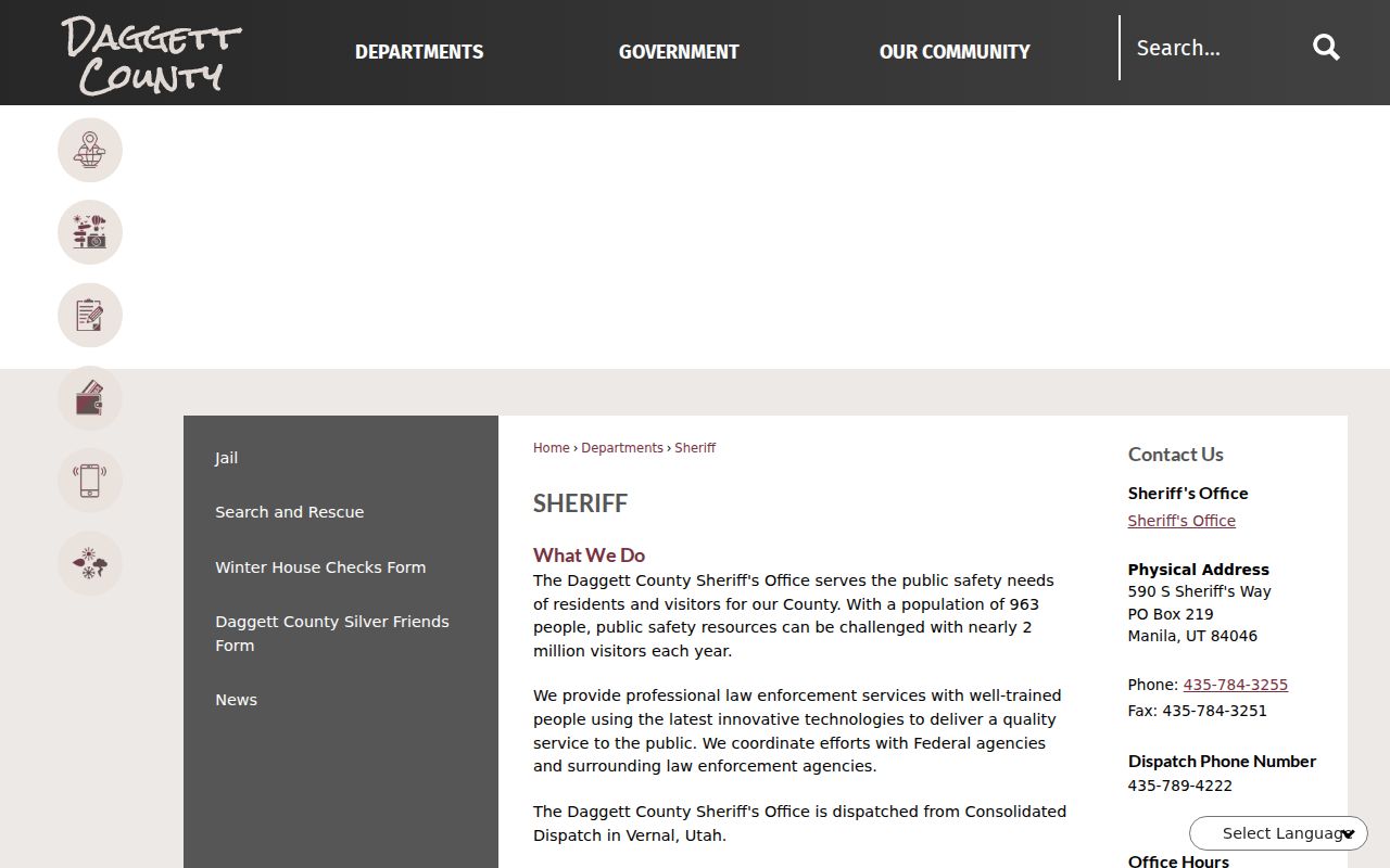 Daggett County warrant service contact at the Sheriff's Office