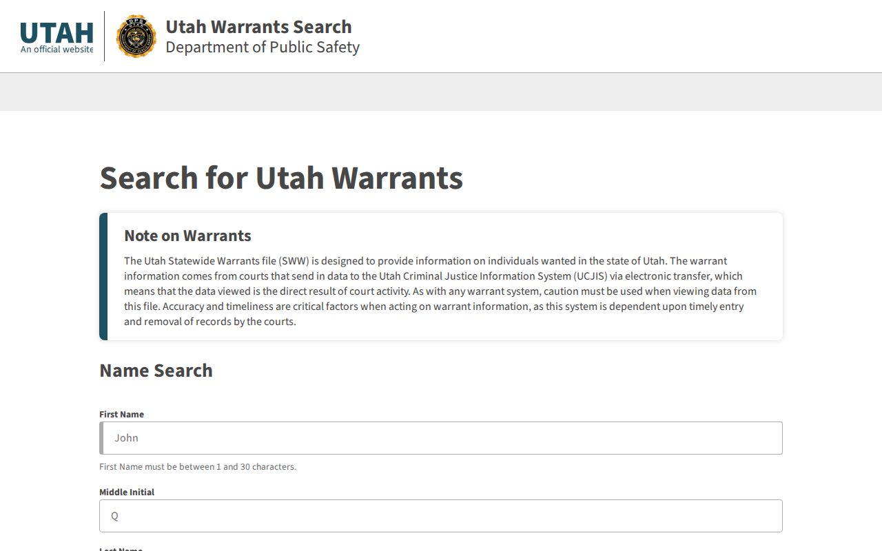 Daggett County active warrant search in the Utah public statewide interface